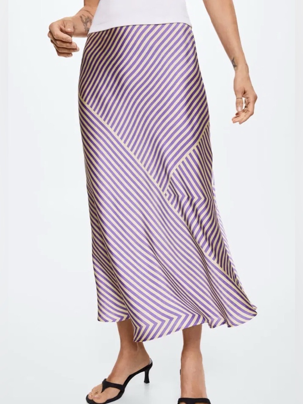 MNG Asymmetrical Striped Satin Finish MidLength Skirt